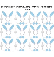 Mavi Tavşan Kostüm Seti – Taç, Papyon, Ponpon (12’li Paket)