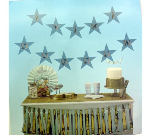 Mavi Üzeri Gümüş Yıldız İyiki Doğdun Flama Süs