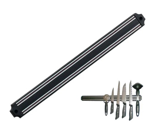 Mıknatıslı Bıçak Tutucu Stand - 38 cm - Siyah - Paslanmaz Çelik - Mutfak Düzeni - Güvenli Bıçak Saklama - Tezgâh Düzeni - Modern Tasarım