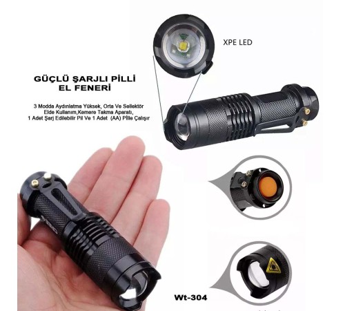 Mini Güçlü Şarjlı Pilli EL Feneri Wt-304