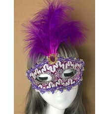 Mor Dantel İşlemeli Mor Tüylü Balo Parti Maskesi 17x20 cm