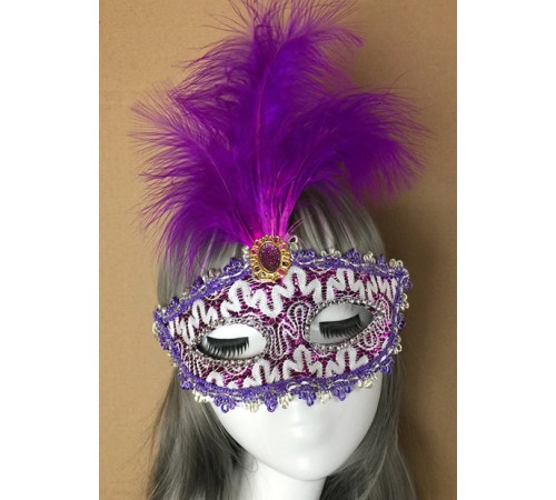 Mor Dantel İşlemeli Mor Tüylü Balo Parti Maskesi 17x20 cm