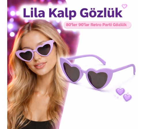 Mor Lila Retro Kalp Gözlük – 80’ler 90’lar Stil Parti Gözlüğü