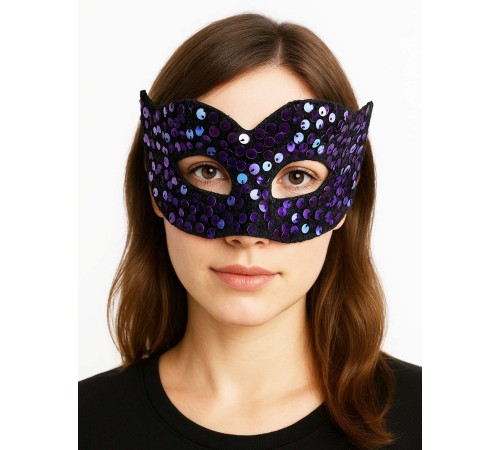 Mor Renk Arkadan Lastikli Pul Payet İşlemeli Balo After Parti Maskesi