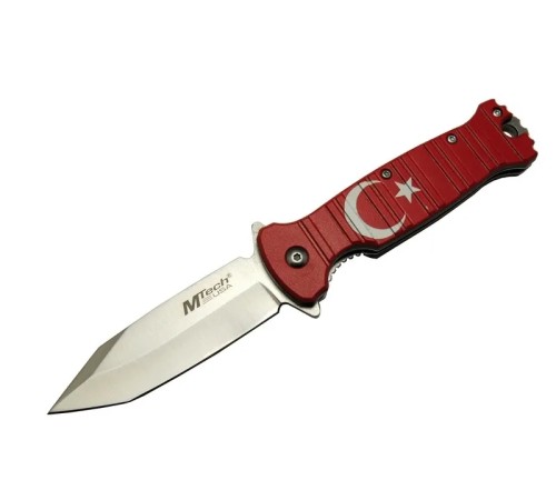 Mtech 4-8-4 TC Kırmızı Kamp Çakı 21,5cm- Manuel, Ay Yıldız Desenli, Kemerlikli