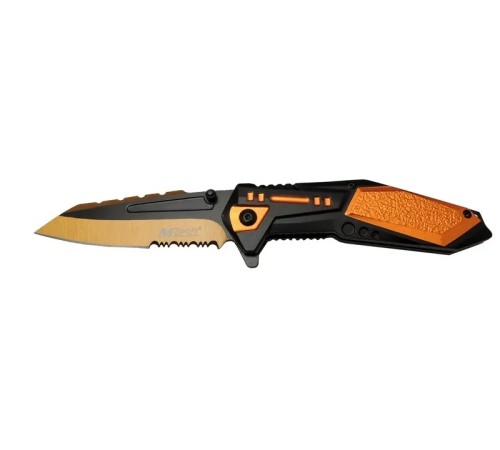 Mtech 4171 Turuncu Kamp Çakı 21cm - Yarı Otomatik, Kemerlikli, Testere Detaylı