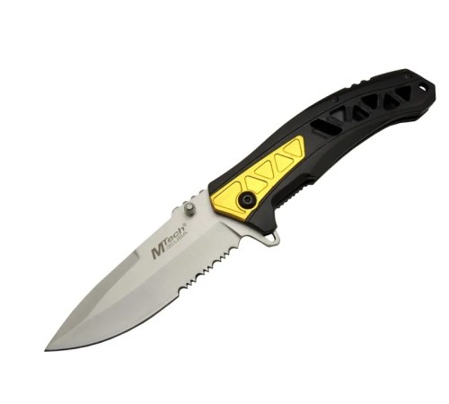 Mtech 4191 Sarı Kamp Çakı 21cm - Yarı Otomatik, Kemerlikli, Testere Detaylı, Desenli Sap