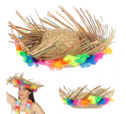 Naturel Renk Püsküllü Örme Hasır Hawaii Luau Aloha Şapka 13x36 cm