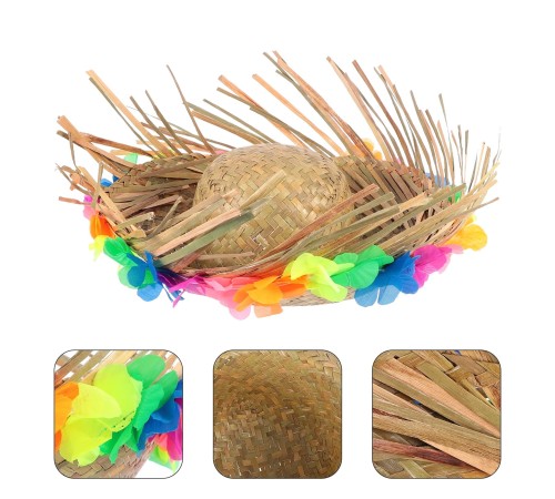 Naturel Renk Püsküllü Örme Hasır Hawaii Luau Aloha Şapka 13x36 cm