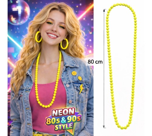 Neon Sarı Boncuk Kolye 80 cm – Retro 80’ler 90’lar Parti Aksesuarı