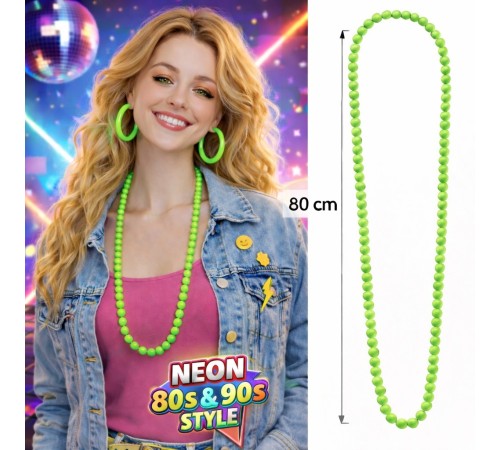 Neon Yeşil Boncuk Kolye 80 cm – Retro 80’ler 90’lar Parti Aksesuarı