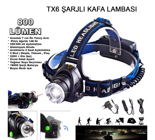 800 Lümen Tx6 Şarjlı Zoomlu Kafa Feneri Wt-120