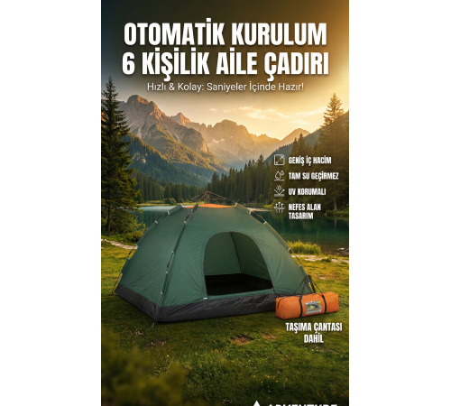 Otomatik Kurulumlu Kamp Çadırı 6 Kişilik (220x250x150)cm