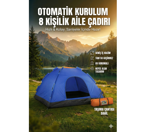 Otomatik Kurulumlu Kamp Çadırı 8 Kişilik (250x250x165) cm