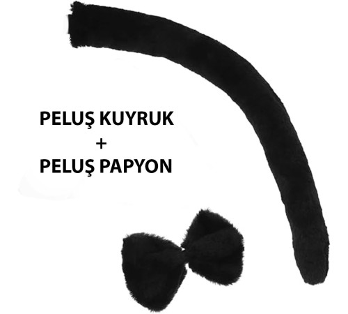 Peluş Siyah Renk Kuyruk ve Papyon Yetişkin Çocuk Uyumlu