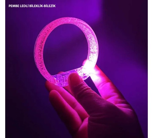 Pembe Led Işıklı Baskı Yapılabilen Pilli Bileklik Bilezik 1,5 cm Genişlik