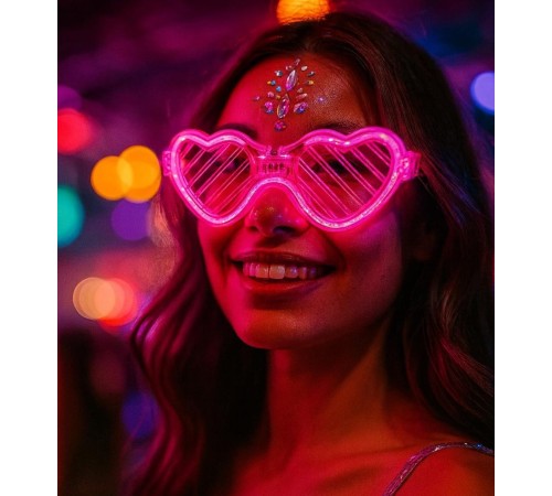 Pembe LED Işıklı Kalp Gözlük – 3 Modlu Parti & Glow Gözlüğü
