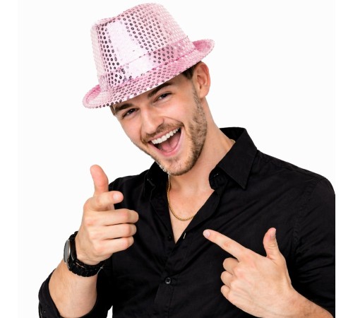Pembe Payetli Disco Parti Şapkası Yetişkin Işıltılı Fötr Model