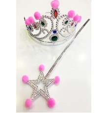 Pembe Ponponlu Gümüş Renk Prenses Tacı ve Gümüş Renk Prenses Asası