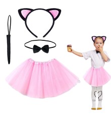 Pembe Renk Etekli Kedi Kostüm Seti (Tütü, Taç, Papyon, Kuyruk)