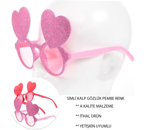 Pembe Renk Sim İşlenmiş Kalp Figürlü Parti Gözlüğü