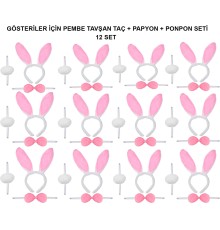 Pembe Tavşan Kostüm Seti – Taç, Papyon, Ponpon (12’li Paket)