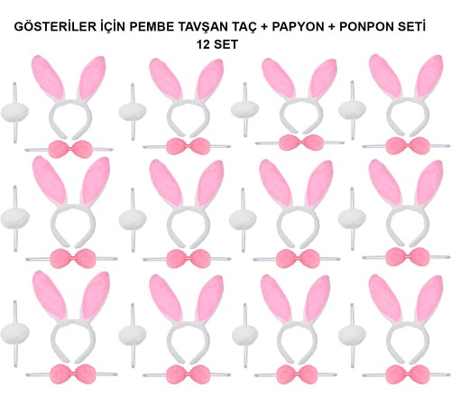 Pembe Tavşan Kostüm Seti – Taç, Papyon, Ponpon (12’li Paket)