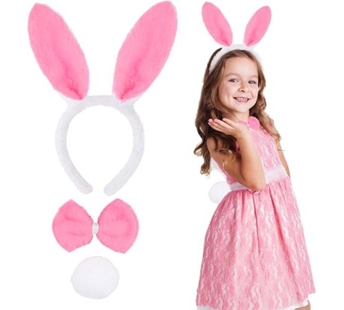 Pembe Tavşan Kostüm Seti – Taç, Papyon, Ponpon (12’li Paket)