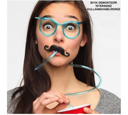 Pipetli Parti Gözlüğü - Çocuk ve Yetişkin Bıyıklı Pipet Gözlük Mavi Renk 18x14 cm
