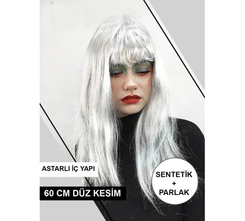 Platin Gri Gümüş Renk Uzun Parti Peruğu Uzun Takma Peruk
