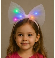 Rengarenk Led Işıklı Fiyonk Şekilli Tül Parti Tacı Beyaz Renk 25x25 cm