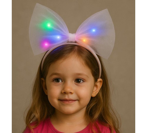 Rengarenk Led Işıklı Fiyonk Şekilli Tül Parti Tacı Beyaz Renk 25x25 cm