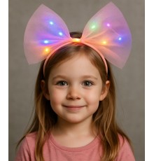 Rengarenk Led Işıklı Fiyonk Şekilli Tül Parti Tacı Pembe Renk 25x25 cm