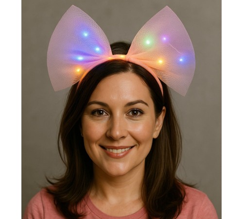 Rengarenk Led Işıklı Fiyonk Şekilli Tül Parti Tacı Pembe Renk 25x25 cm