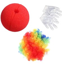 Rengarenk Palyaço Peruk Beyaz Eldiven Kırmızı Sünger Burun Palyaço Seti 3 Parça