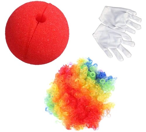 Rengarenk Palyaço Peruk Beyaz Eldiven Kırmızı Sünger Burun Palyaço Seti 3 Parça