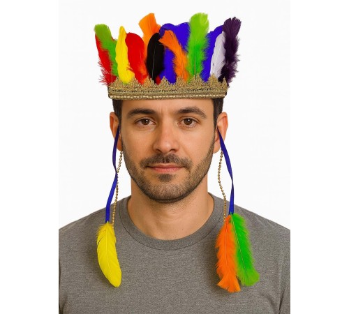 Rengarenk Tüylerle İşlenmiş Lastikli Kızılderili Başlığı