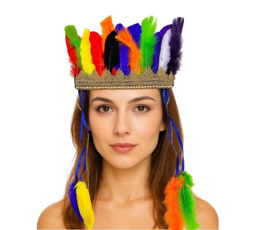 Rengarenk Tüylerle İşlenmiş Lastikli Kızılderili Başlığı