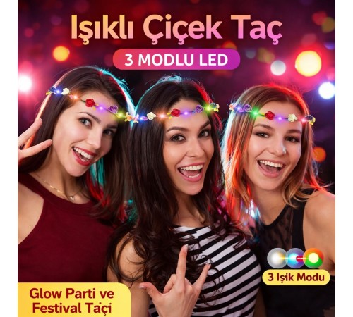 Renkli LED Çiçek Taç – 3 Işık Modlu Glow Parti Tacı