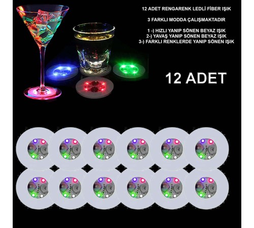 Renkli LED Işıklı Bardak Altlığı - Dekoratif (12 Adet, Pilli)