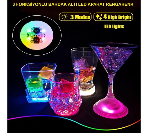 Renkli LED Işıklı Bardak Altlığı - Dekoratif (12 Adet, Pilli)