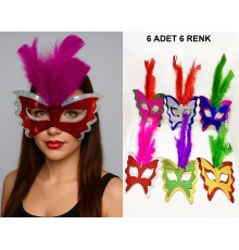 Renkli Parti Maskesi 6'lı | Tüylü Karton Maske Seti (Lastikli)