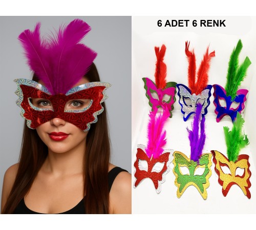 Renkli Parti Maskesi 6'lı | Tüylü Karton Maske Seti (Lastikli)