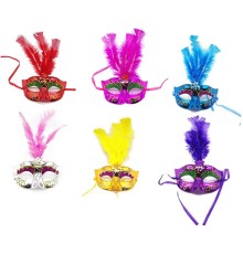 Renkli Tüylü Venedik Parti Maskesi Karışık Renk 12 Adet