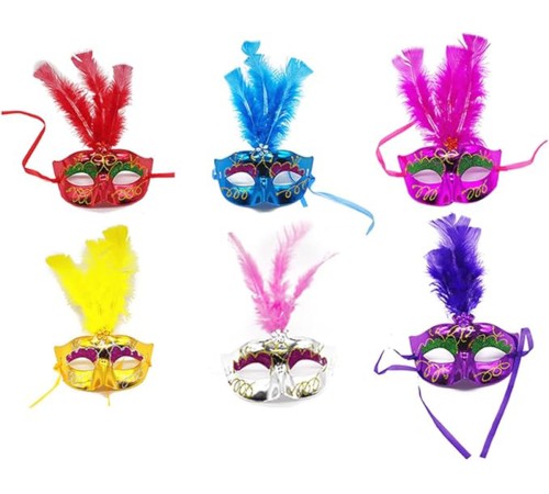 Renkli Tüylü Venedik Parti Maskesi Karışık Renk 12 Adet
