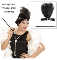 Retro Charliston Beyaz Otrişli Aksesuar Seti – 20'ler 90'lar Gatsby Kostüm Seti