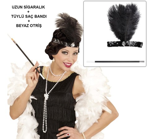 Retro Charliston Beyaz Otrişli Aksesuar Seti – 20'ler 90'lar Gatsby Kostüm Seti