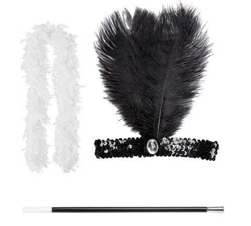 Retro Charliston Beyaz Otrişli Aksesuar Seti – 20'ler 90'lar Gatsby Kostüm Seti