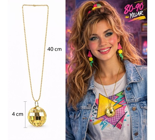 Retro Disko Topu Şekilli 80'ler 90'lar Altın Renk Plastik Kolye