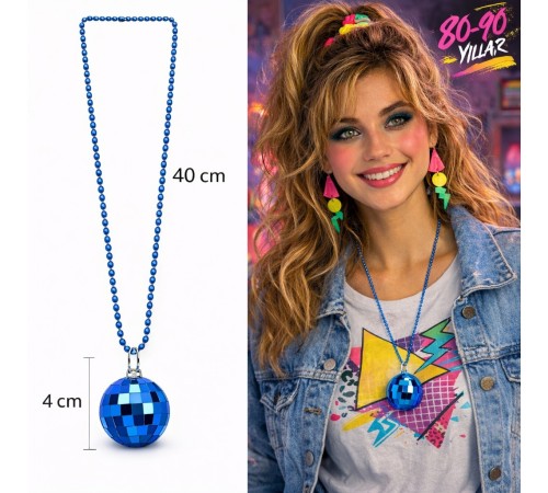 Retro Disko Topu Şekilli 80'ler 90'lar Mavi Renk Plastik Kolye
